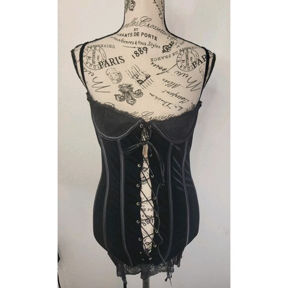 Escante Lingerie Corset Dress SZ Small Velvet Bustier Black Garters - Picture 2 of 10